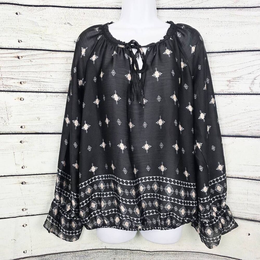 Cato Black Boho Border Print Peasant Top Medium